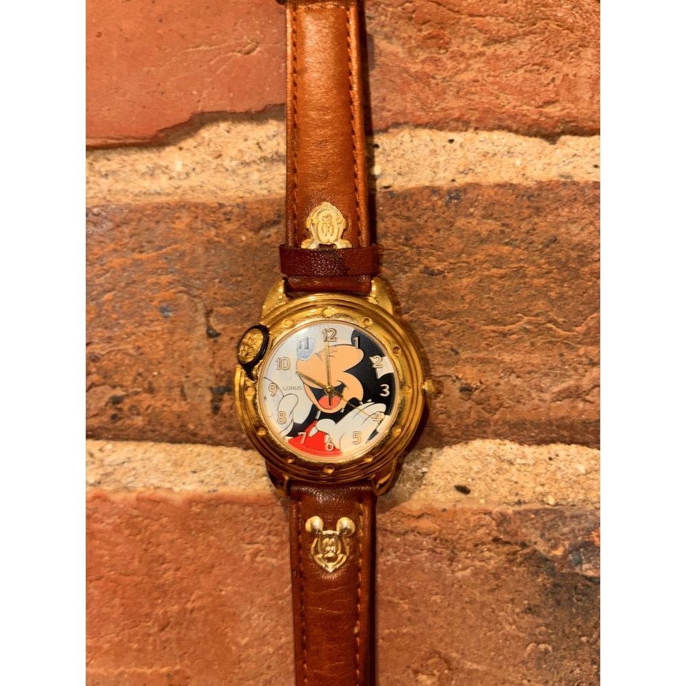 Lorus Mickey Mouse Moving‎ Hands Gold Tone Brown Leather Band - Unsure If Work